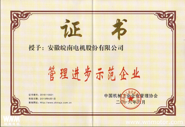 皖南電機再次榮獲 “全國機械工業(yè)管理進(jìn)步示范企業(yè)”稱(chēng)號